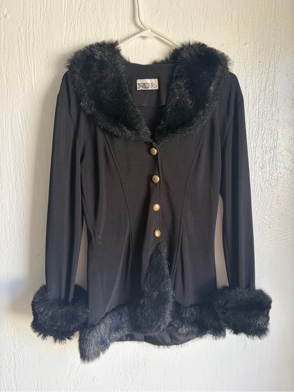 Black Faux Fur-Trim Button Front Women's Sweater Jacket